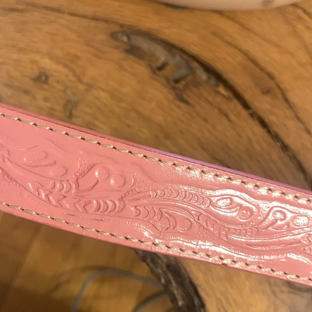 NOCONA PINK TOOLED LEATHER COWGIRL BELT WITH HORSE AND HORSESHOE BUCKLE
